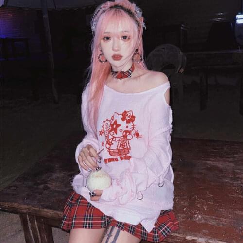 Kawaii Cartoon Print Lady Y2k T-shirt Harajuku Japanese Top Sweet Lovely Girl Pink Off Shoulder T Shirt Korean Fashion Clothes