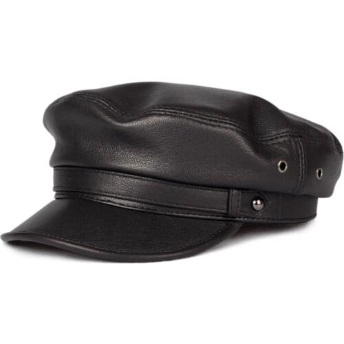 100% Leather hat Men Women Unisex Students Navy Caps Homme Locomotive Duck Tongue Flat Top Gorras Newsboy Korean Fashion Chapeu