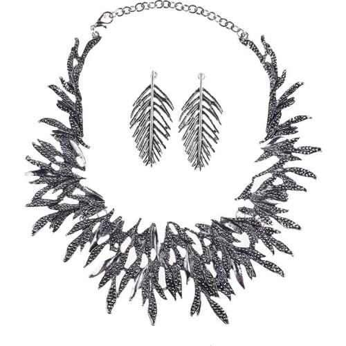 BK Punk Choker Branch Leave Style Jewelry Set Collar Statement Metal Necklace Earrings Beads Chunky Ethnic Tribal Chain Gift