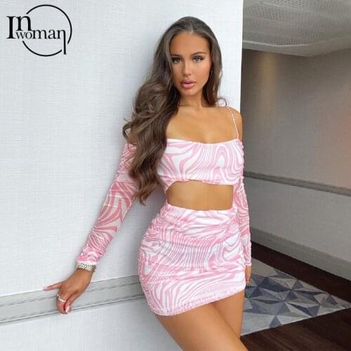 Inwoman Print Two Piece Set Women Sexy Club Outfits Flare Long Sleeve Crop Top and 2 Piece Mini Skirts Set Backless Matching Set
