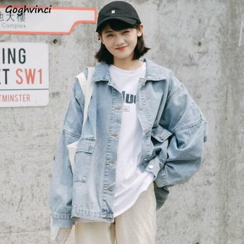 Jackets Women Denim Blue Students Harajuku Turn-down Collar Streetwear Simple Solid Long Sleeve Kroean Style All-match New Coats
