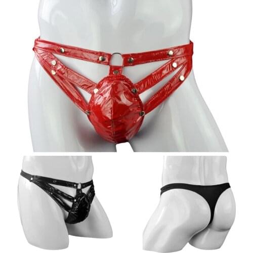 Mens sexy patent leather underwear Rivet thong temptation low-waist imitation leather T-pants breathable low-waist youth love