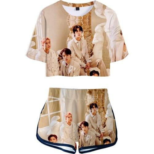 Novelty MONSTA X Tracksuit Women Tracksuit Two Piece Set Crop Tops+shorts Girls Sexy clothes cool Summer Short sets Album