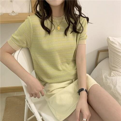 2021The New Spring Summer new round collar short-sleeved slim silk knit top woman tshirts woman tshirts