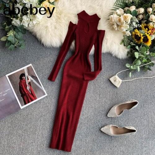 New Knitted Women Dresses Hollow Off Shoulder Long Sleeve Elastic Bodycon Dress Autumn Vintage Fashion Sweater Dress