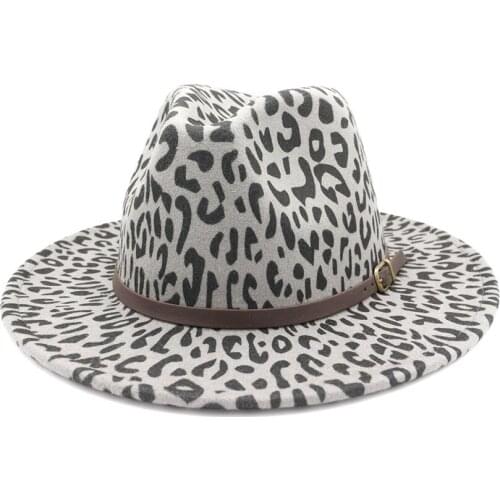 2021 new Trend Unisex Flat Brim Wool Felt Jazz Fedora Hats Men Women Leopard Grain Trilby Panama Formal Hats HF36