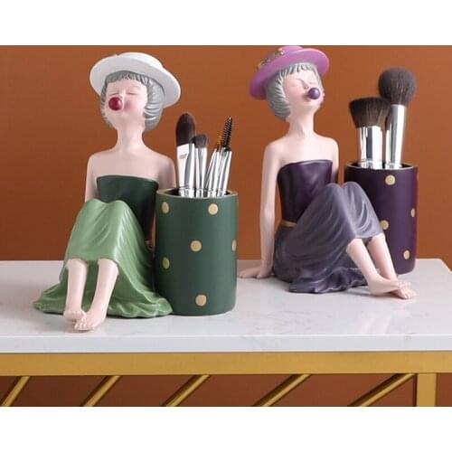 Holiday girl resin sculpture makeup rack storage box pen holder desktop storage jar living room home decoration figurines crafts