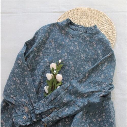 Lamtrip Retro Rustic Little Flowers Print Ruffled Collar Cotton Yarn Long Sleeve Shirt 2021 Autumn