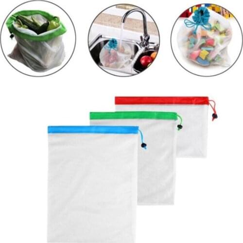 3 Sizes Reusable Mesh Produce Bag Washable Eco-Friendly Bags for Grocery Bag Holder Fruit Vegetable Organizer Pouch Storage