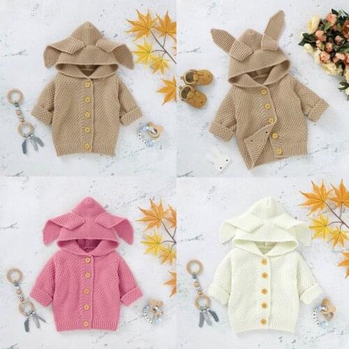 Baby Boy Girl Sweatshirt Autumn Children Kids Solid Print Knitted Ear Hoodie Sweater Casual Outerwear 2021