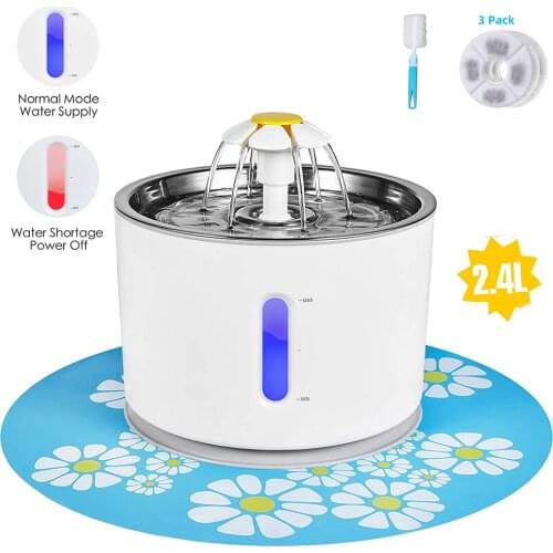 Cat Water Fountain 2.4L Stainless Steel Intelligent Auto Power Off Pump Water Level Window LED Light 1 mat 3 filters 1 brush