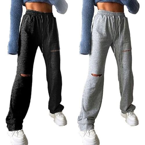 Women wide leg pants high waist broken cut hole classic loose streetwear 2020 clothes trousers plus size sweatpants
