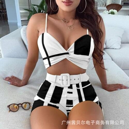 Echoine Strap Crop Top Shorts Set Black White Patchwork Skinny Bodycon Outfits Women Suit Summer