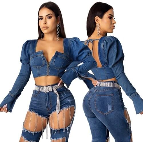 Womens Casual Zip Blue Denim Sexy Crop Top