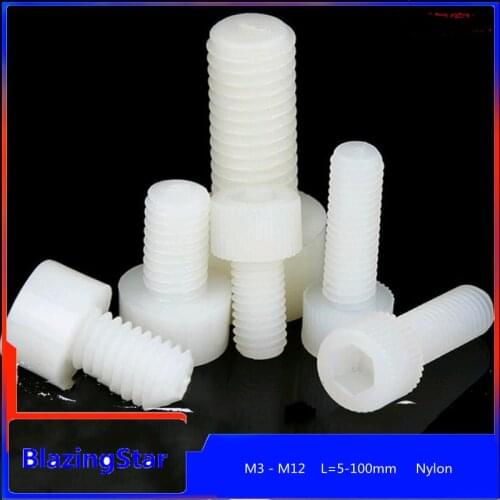 5/10/20/50PCS M3 M4 M5 M6 M8 M10 M12 Nylon Hexagon Hhead Screw Plastic Hexagon Socket Bolt Hexagon Socket Screw L=5-100mm
