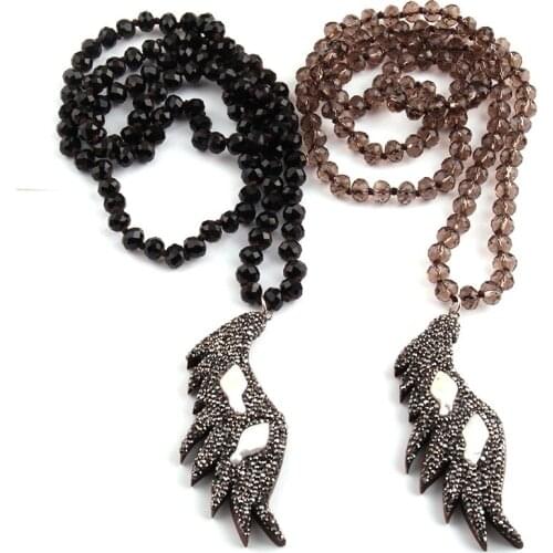 Free Shipping Fashion Bohemian Jewelry Black Long Crystal Glass Knotted Handmake Paved Wings Pendant Necklace For Women