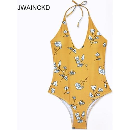 JWAINCKD One Pieces Swimsuit 2018 Sexy Print Swimwear Women Halter Bandage Bathing Suit High Neck Swimming Wear Padded Monokini