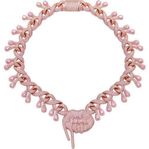 Hip Hop Micro Paved Cubic Zirconia Bling Ice Out Infinity Link Chain Lips Drool Pendants Necklaces for Women Men Rapper Jewelry