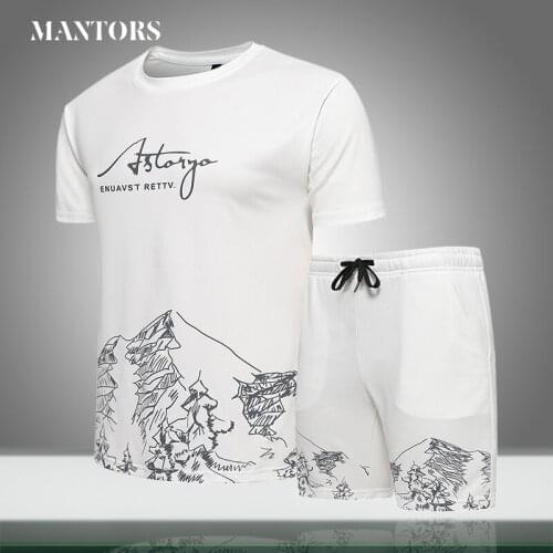 2PCS Sets Summer Tracksuit Men Casual Short Sleeve Tshirt +Shorts Sportswear Mens Abstract Pattern Print Jogger Set Streetwear