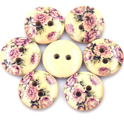 50Pcs Round 15mm Mini Wooden Sewing Buttons Multicolor Flower Peony Painting 2 Holes Ornaments Crafts Scrapbook Clothing Accesso