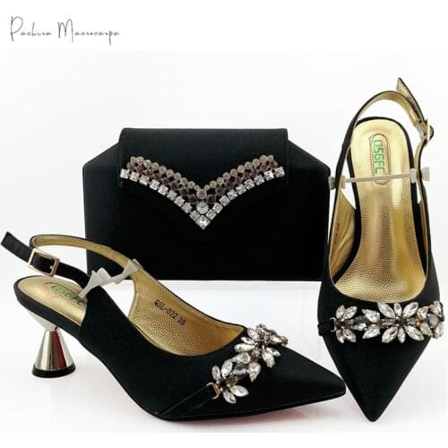 Hot Selling Italian Design Black Color African Crystal Style Nigerian Women Shoes and Bag Set Decorated With Rhinestoe for Party