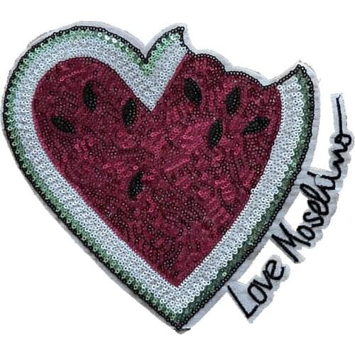 Pink Sequins Heart Watermelon Patches Iron on Sew on Sequined LOVE Fruit Embroidery Applique for Clothes DIY Accessories 1 Piece