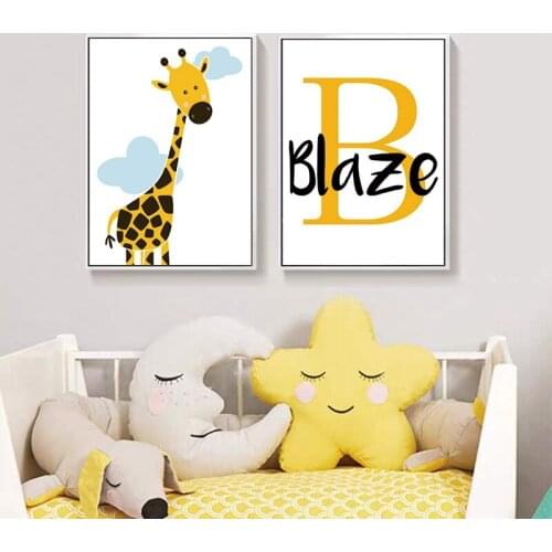 Giraffe Lion Baby Animal Poster Boys Custom Name Canvas Print Nursery Art Paintings Nordic Room Picture Wall Decor