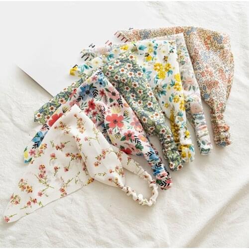 Summer Pastoral Floral Elastic Hair Bands Women Bohemia Hair Scarf Headwear Scrunchies Triangle Bandanas Headband without Clips