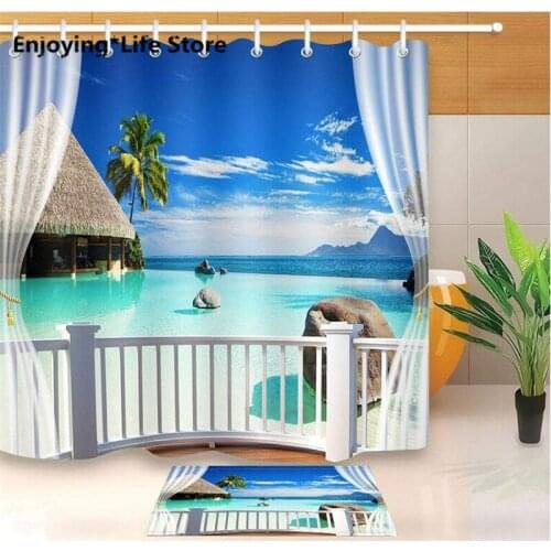 Sunny Beach Scenic Shower Curtain Set Waterproof Shower Curtain Bathroom Bath Mat Fabric Rugs 72 x 72 with 12 Hooks (24x16 Mat)