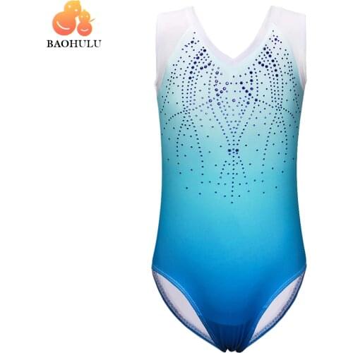 BAOHULU Girls One-Piece Gradient Leotard Sparkle Rhinestone Gymnastics Leotard Sleeveless V-neck Dance Costumes For Leotard Girl