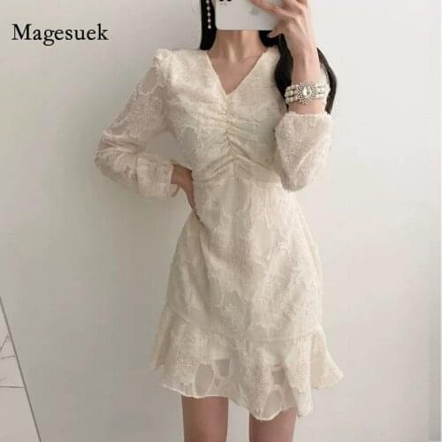 Korean V-neck Elegant Dresses for Women Chic Tassel Pleated Slim Waist Puff Long Sleeve Dress Ruffled Splicing Solid Dress 13270