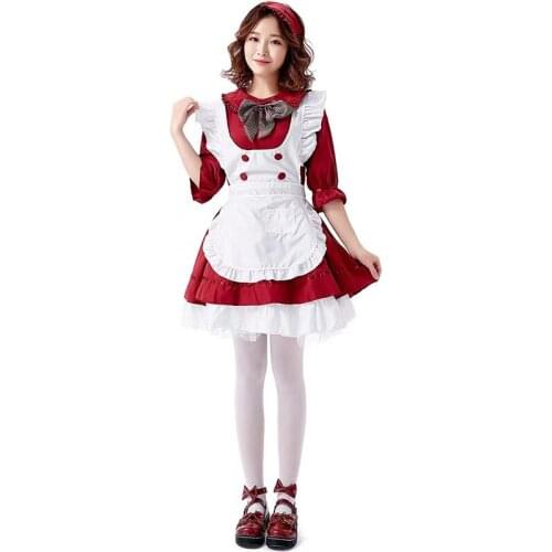 Japanese Style Red And White Women Bar Cafe Waitress Cosplay Female Halloween Maid Costumes Carnival Purim Role Play Party Dress