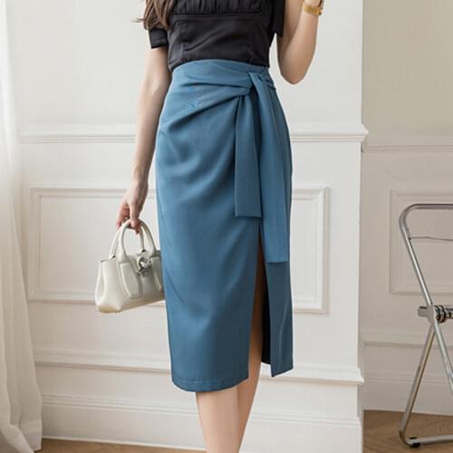 Office Lady Korean Fashion Blue Summer Skirt A-Line Bandage High Waist Black Chic Split Midi Skirts For Women New Arrivals 2021