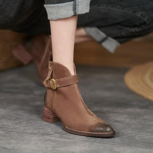 2021 Fashion Women Boots Genuine Leather Shoes Women Pointed Toe Chunky Heel Boots Women New Retro Solid Fall Shoes Zipper Boots