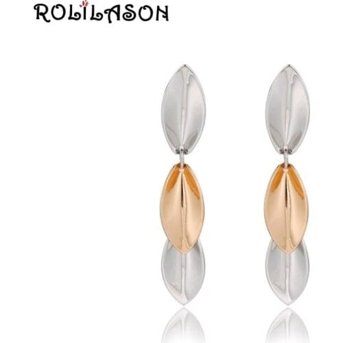 ROLILASON leaf shape gold long earrings spring carnival fashion anniversary gift for women exclusive JE1175