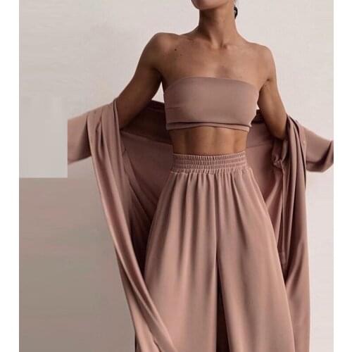 Sexy Women Three Piece Sets Fashion Casual Wrap Solid Tops And Wide Leg Pants Suits Homewear Elegant Soft Female 3 Piece Outfits