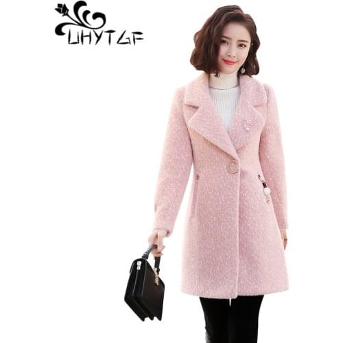 UHYTGF Water velvet Women Coat wool outerwear Plus size warm woolen blends female elegant Thicken winter woolen coat Women X688