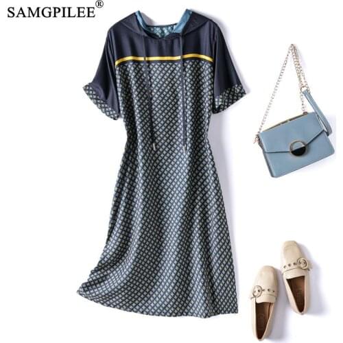 Casual Womens Dresses 2021 Summer New Hooded Collar Houndstooth Pattern Print Thin Short-sleeved Knee Length Chiffon Dress