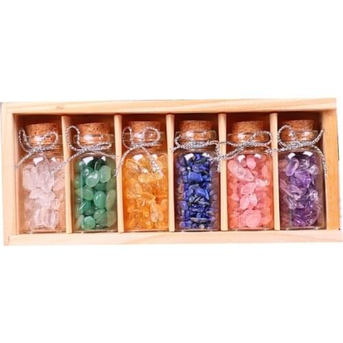 6 Pcs Gemstone Bottles Set Healing Crystals Stones Chip Tumbled Gem Reiki Wicca Witchcraft Supplies Kit with Wooden Box M6CE