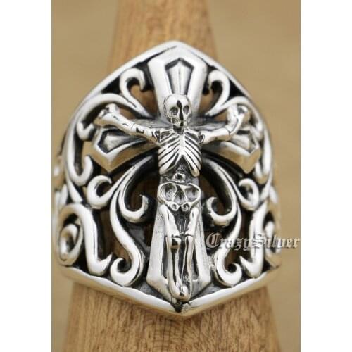 925 Sterling Silver Skull On Cross Mens Biker Rocker Punk Ring 9W006 US Size 7 to 15