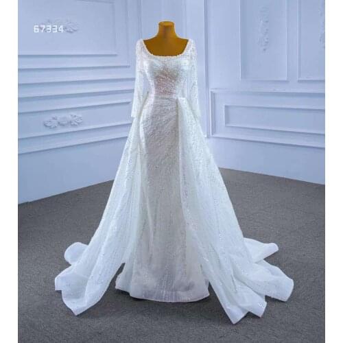 Aoliweiya A Line Muslim Full Sleeve Square Neck 2 in 1 Detachable Train Sparking Lace Women Wedding Dress