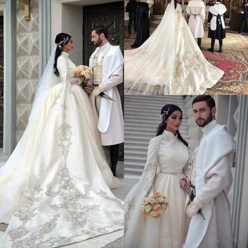 Ball Gown Arabic Muslim Wedding Dresses Lace Embroidery Long Sleeves Bride Bridal Gowns Vestido de novia