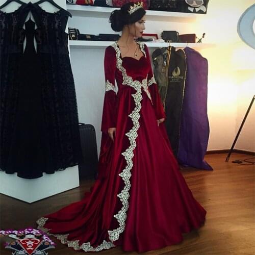 Burgundy Velour Moroccan Kaftan Muslim Prom Dress Long Sleeve Appliques Embroidered Arabic Evening Dress Islamic Saudi Arabic
