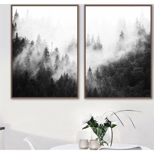 Black And White Landscape Wall Art Canvas Painting Fog Forest Print Nordic Poster Natural Wall Pictures Living Room Home Decor