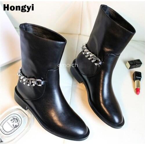 Designer Silver Gold Chain Women Ankle Boots Chunky Heeled Autumn Women Booties