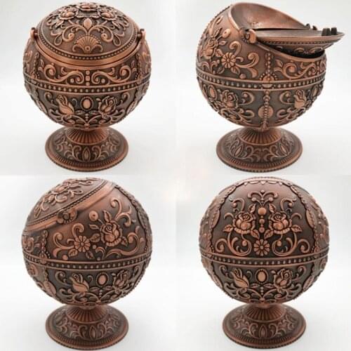 European Style Carving Zinc Alloy Spherical Globe Ashtray Creative Vintage Indoor Home Office Car Decoration Ashtray with Lid