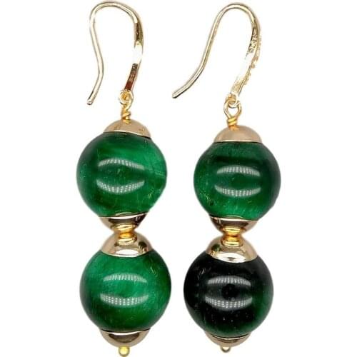 YYGEM 14mm Green Tigers Eye Smooth Round Dangle Hook Earrings