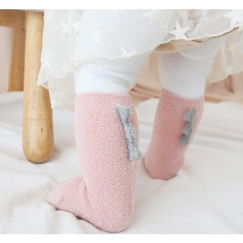 Thicken Solid Knee Socks for Girls Coral Fleece Kids Long Socks Winter Warm Childrens Socks for Boys Dinosaur Design
