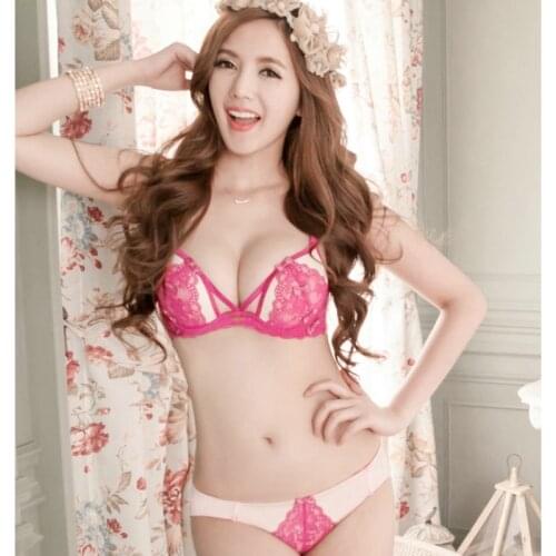 Japanese Lace Flora Bow Decorating Push Up Bra Set Pink Black Temptation Transparent Sexy Padded Cup Bras Set Cotton Lingerie