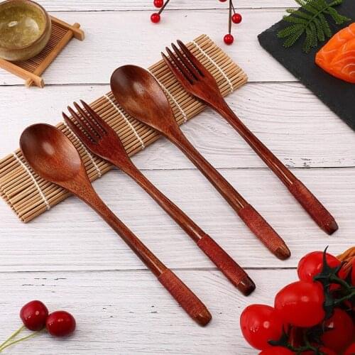 HGHO Wooden Spoons Forks Set Wooden Utensil Set Reusable Natural Wood Flatware Set for Cooking Stirring Eating 10 Pieces